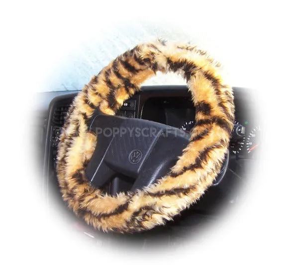 Gold Tiger stripe fuzzy faux fur car steering wheel cover