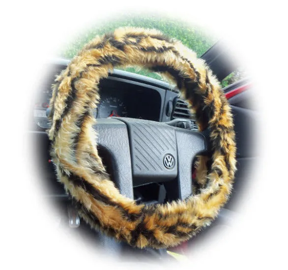 Gold Tiger stripe fuzzy faux fur car steering wheel cover