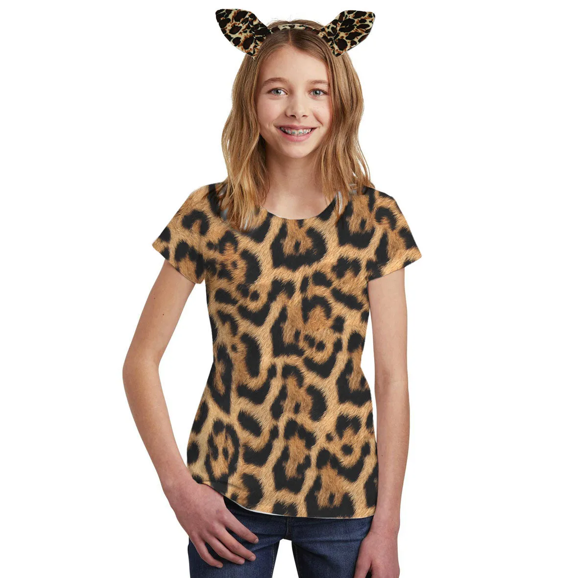 Halloween Costume Leopard Pattern All Over Big Kid Costume T Shirt with Leopard Ears Headband