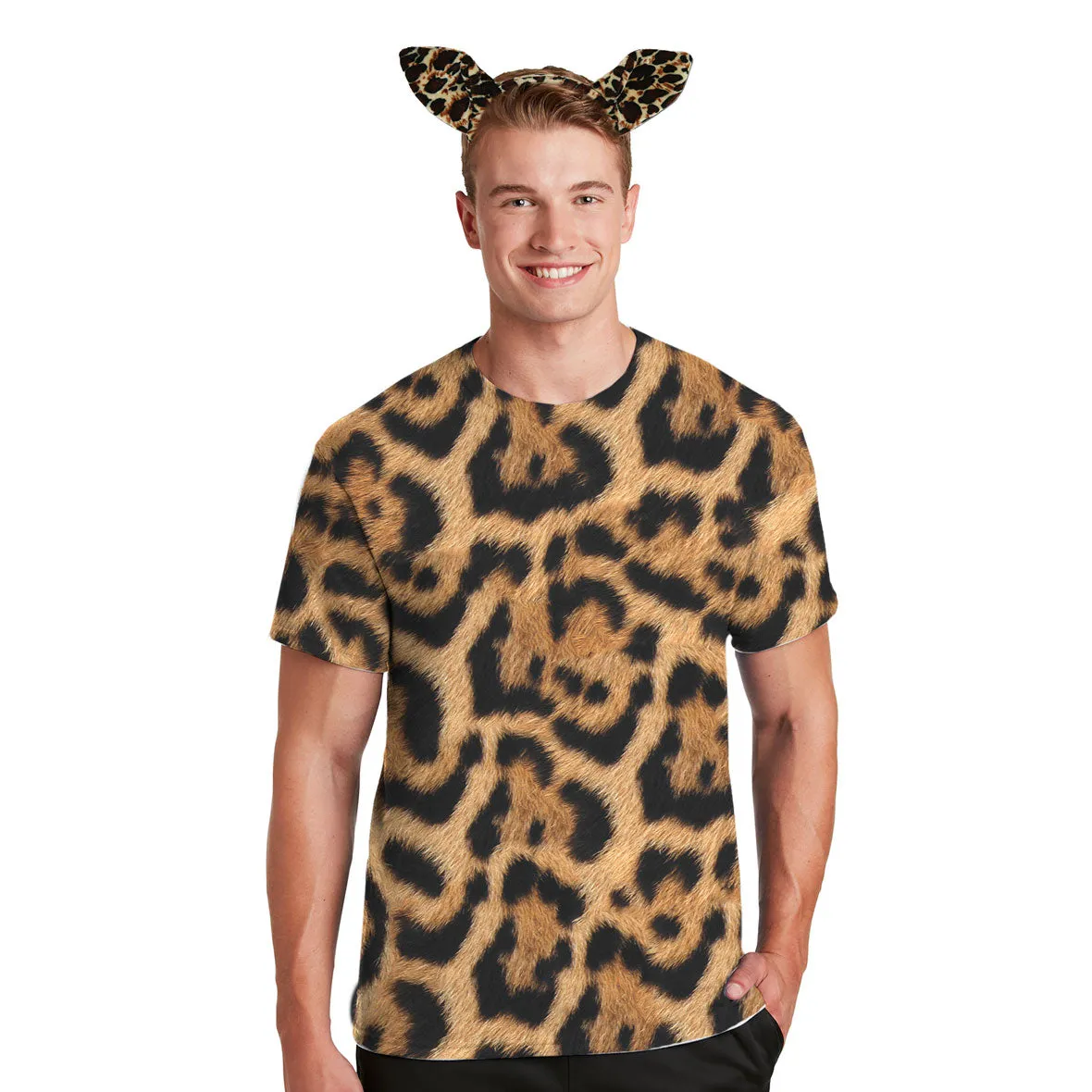 Halloween Costume Leopard Pattern All Over Mens Costume T Shirt with Leopard Ears Headband