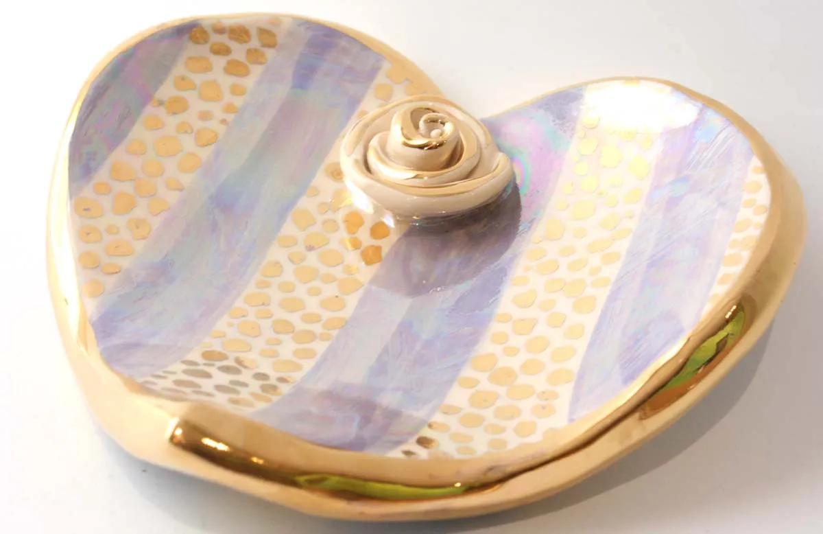 Heart Shaped Soap Dish in Gold Confetti and Lilac Stripe