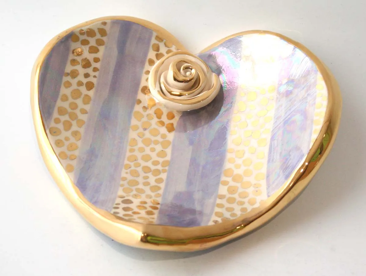 Heart Shaped Soap Dish in Gold Confetti and Lilac Stripe