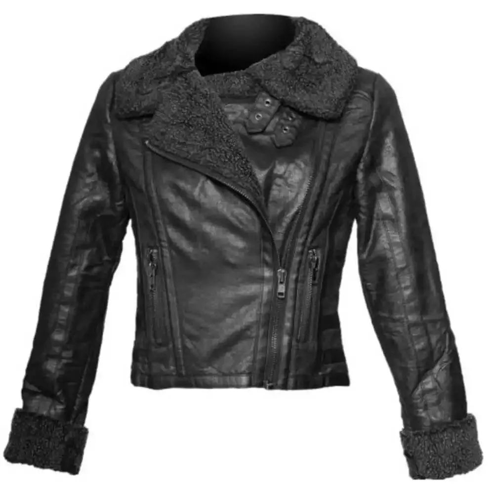 High Neck Collar Folded Cuff Black Fur Winter Leather Jacket Womens