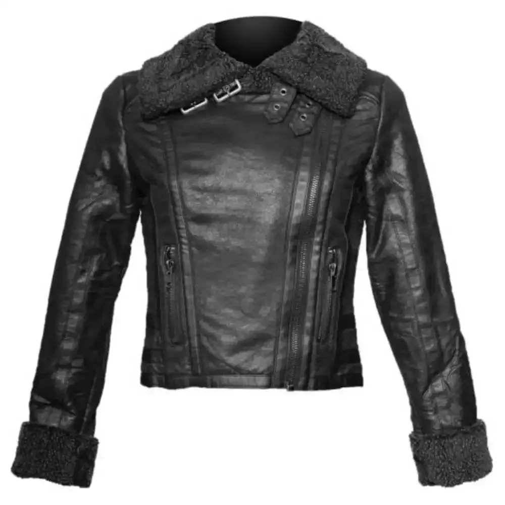 High Neck Collar Folded Cuff Black Fur Winter Leather Jacket Womens