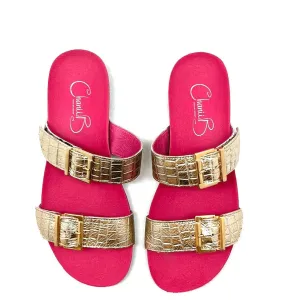 Je T'aime -Gold Croc with leopard cow flat cork sandal