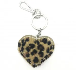 Keyring - leather/faux fur leopard print heart