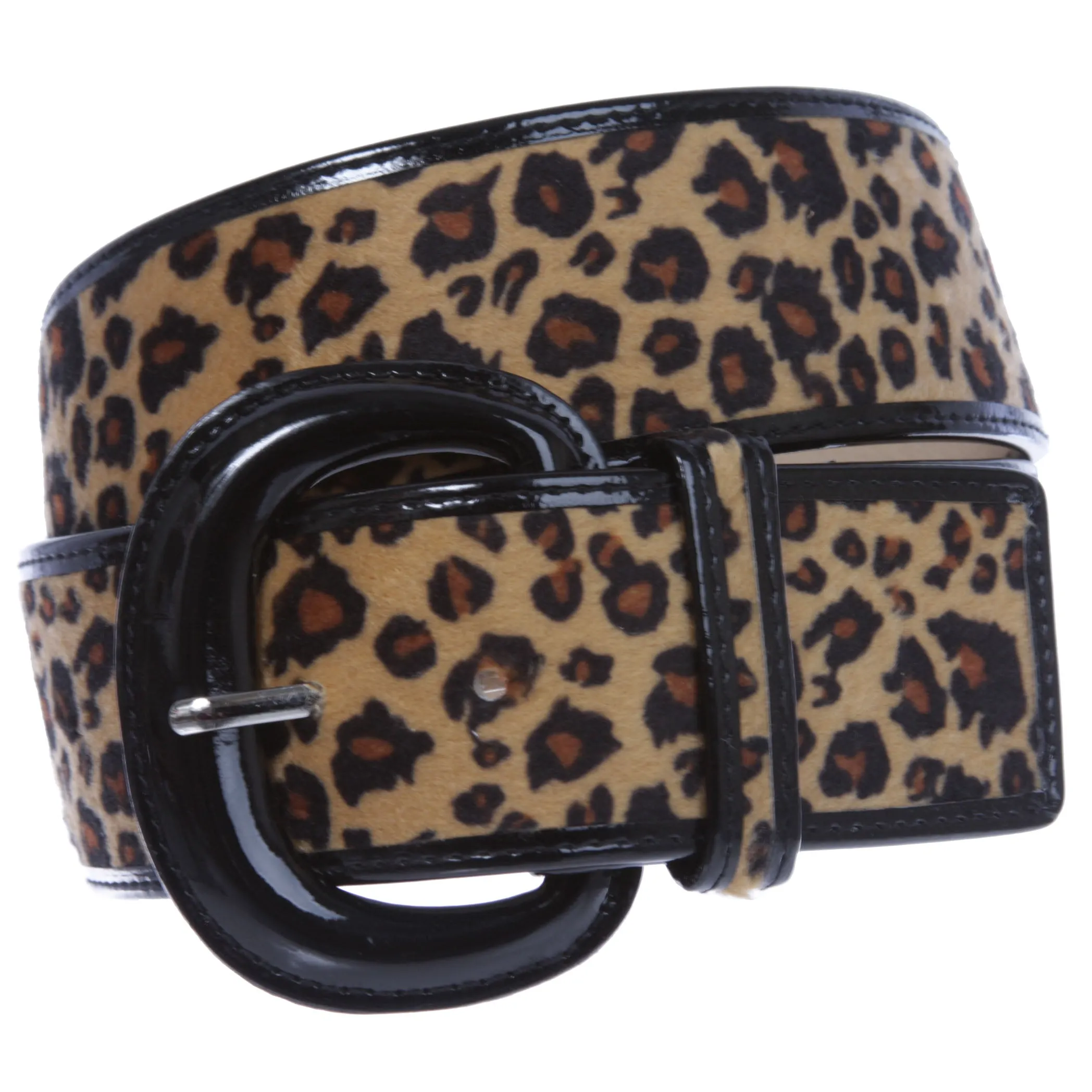 Ladies Patent Leather Faux Leopard Animal Fur Fashion Belt