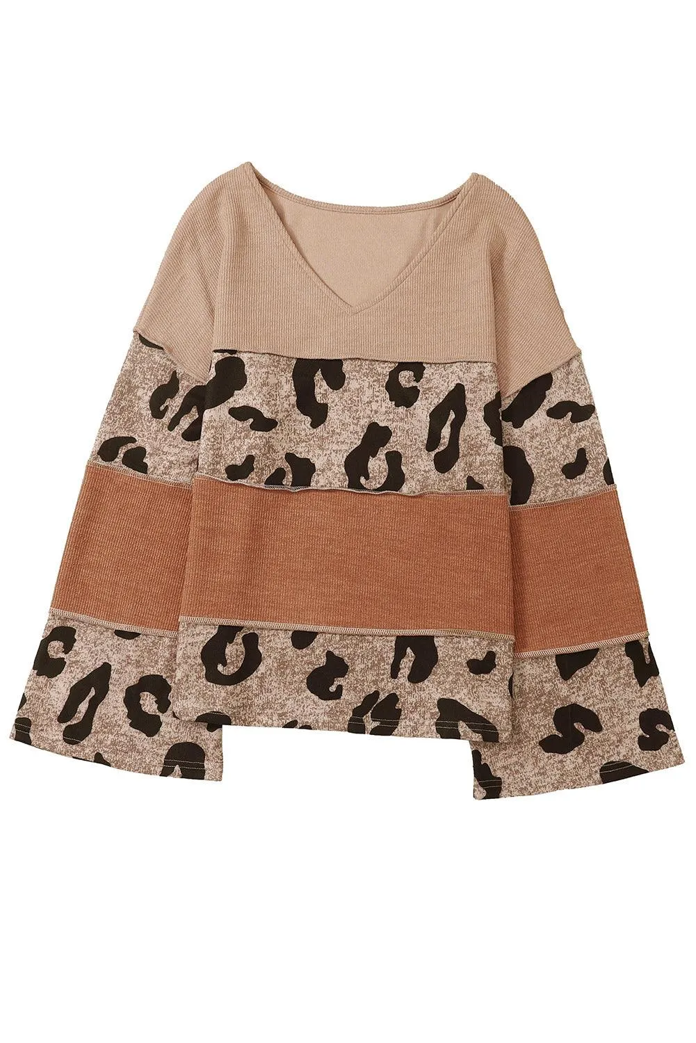 Leopard Colorblock Patchwork V-Neck Loose Sleeve Knit Top