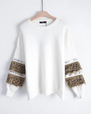 Leopard look faux fur embellished sleeves jumper