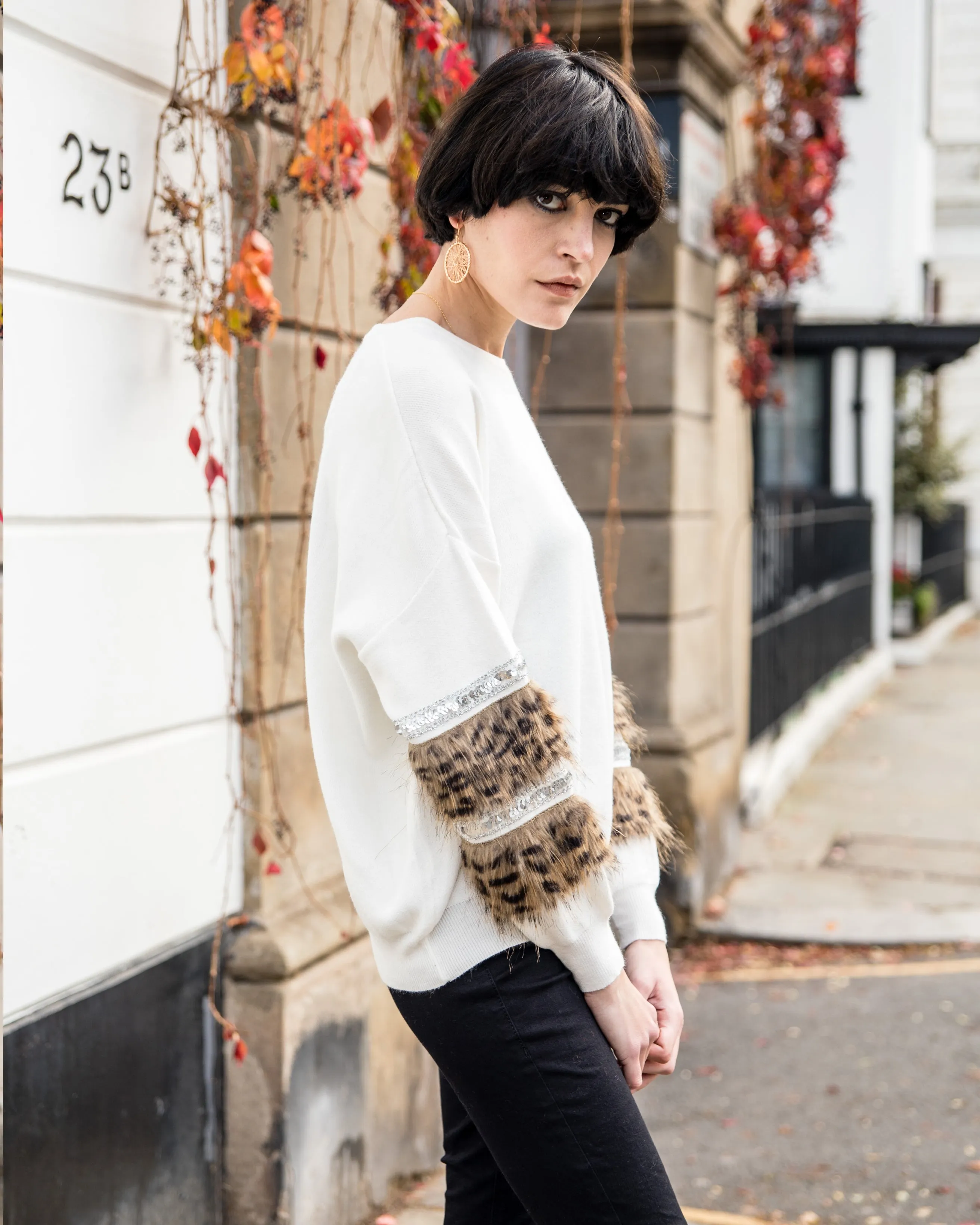 Leopard look faux fur embellished sleeves jumper