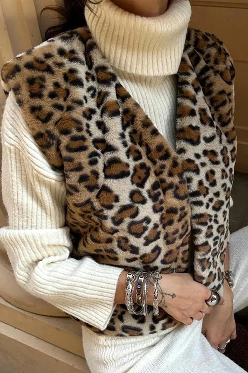 Leopard Print Faux Fur Open Front Vest