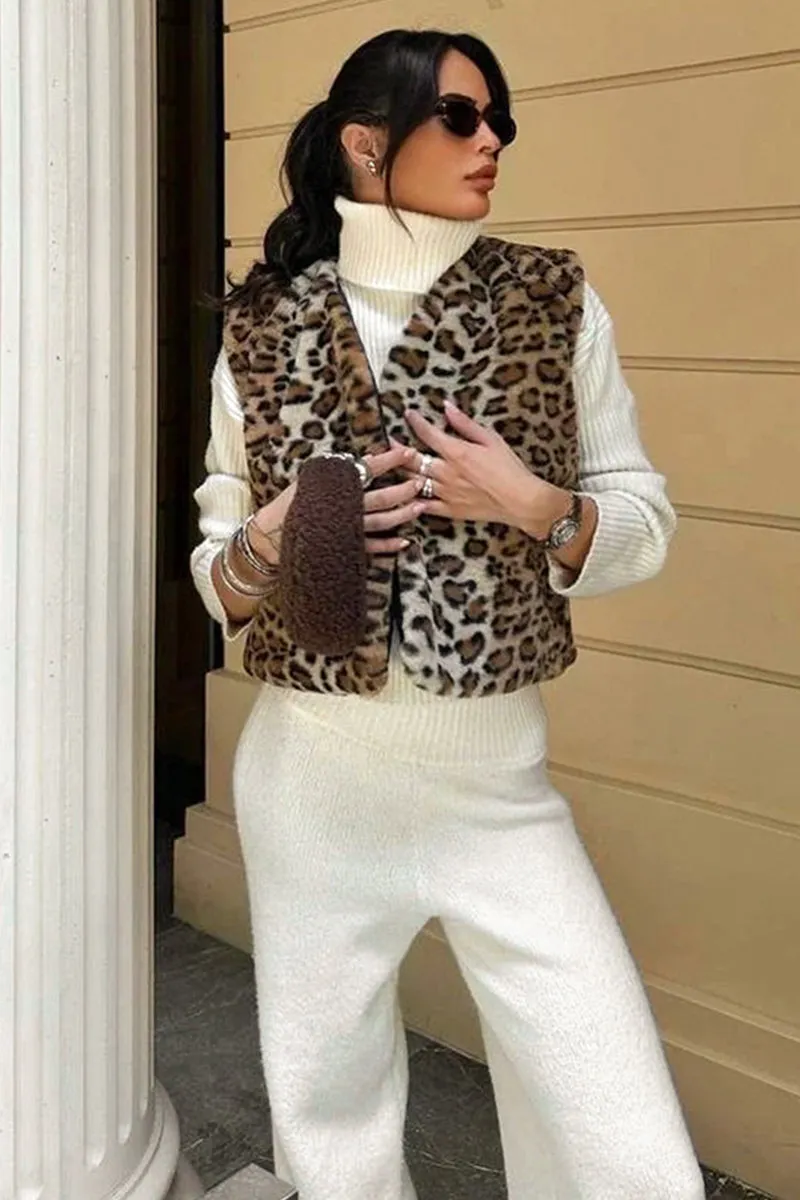 Leopard Print Faux Fur Open Front Vest