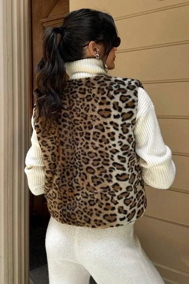 Leopard Print Faux Fur Open Front Vest