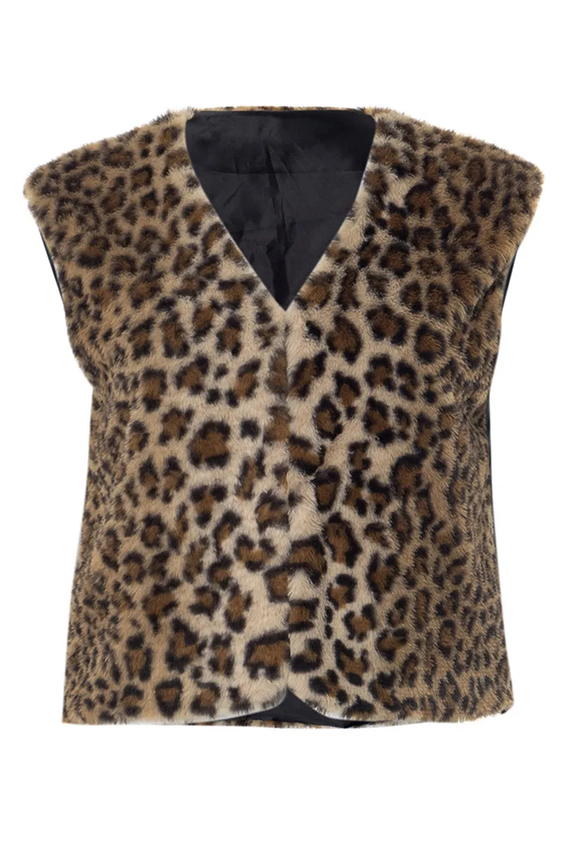 Leopard Print Faux Fur Open Front Vest