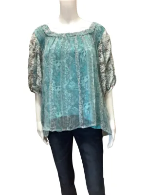 Letmebe Women's Top Teal Print Sheer Lined Size: XL