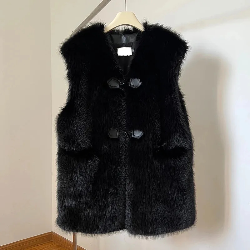 long horn Buttons Long Faux Fur Vest coat with pockets