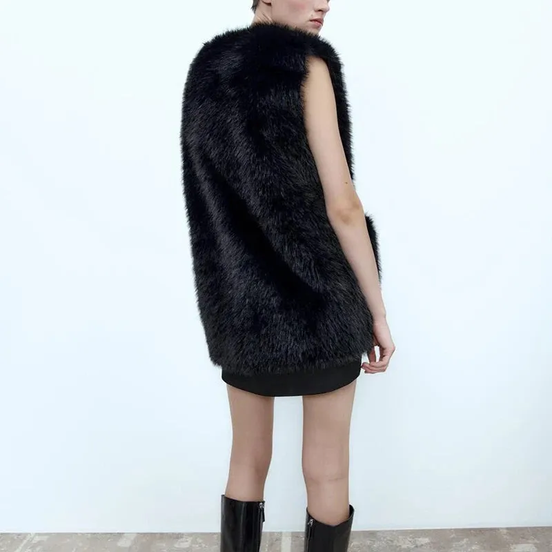 long horn Buttons Long Faux Fur Vest coat with pockets