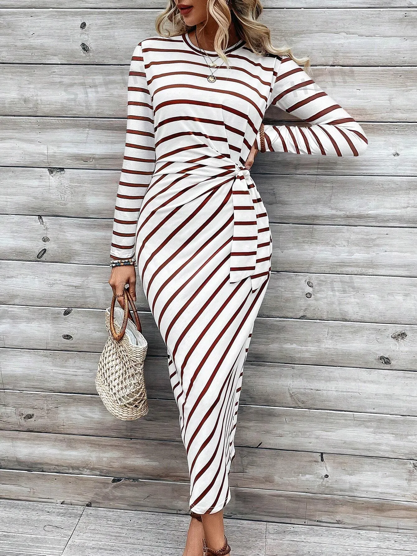 LUNE Women's Striped Round Neck Twisted Long Sleeve Bodycon Dress For Fall