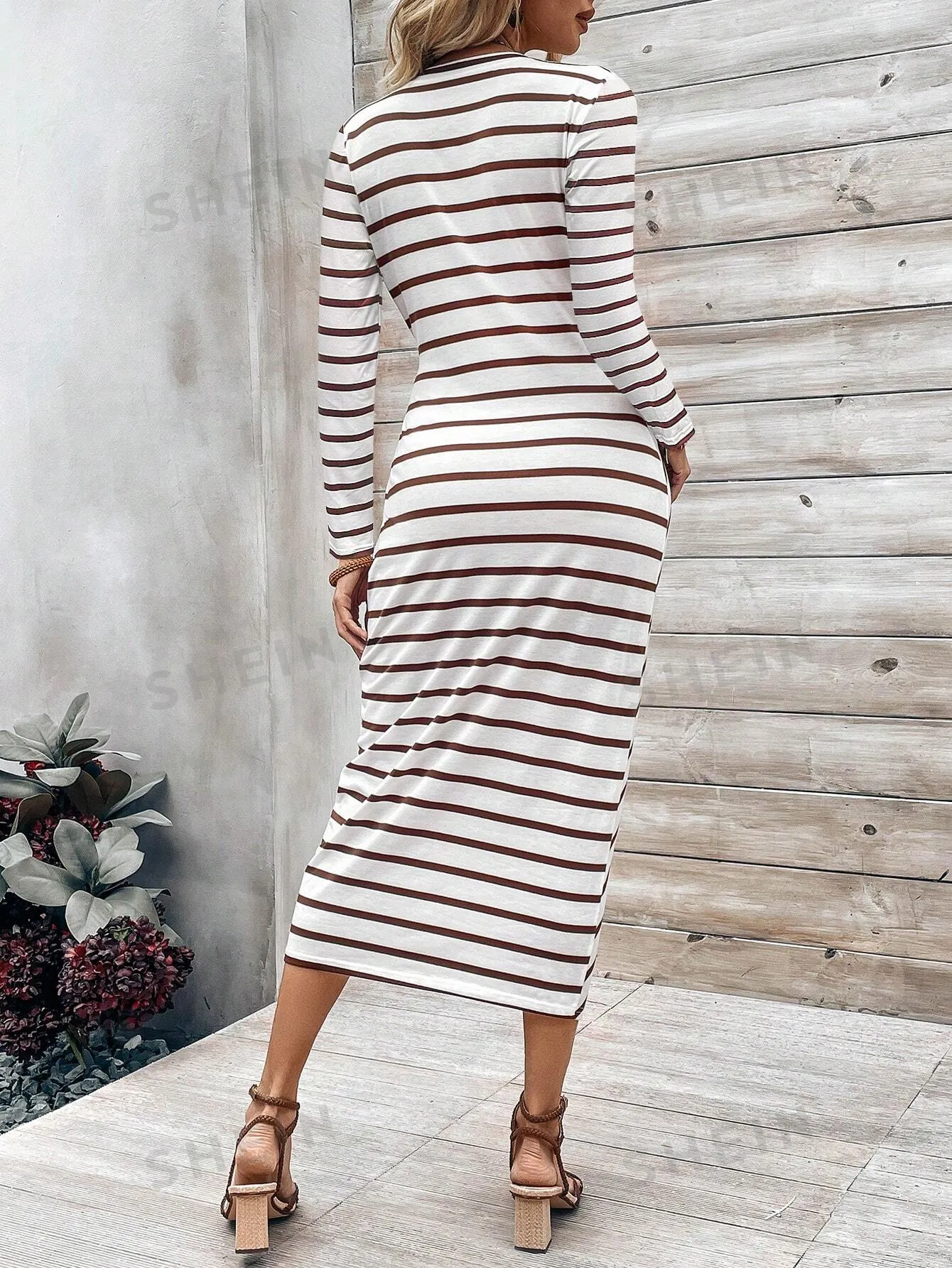 LUNE Women's Striped Round Neck Twisted Long Sleeve Bodycon Dress For Fall