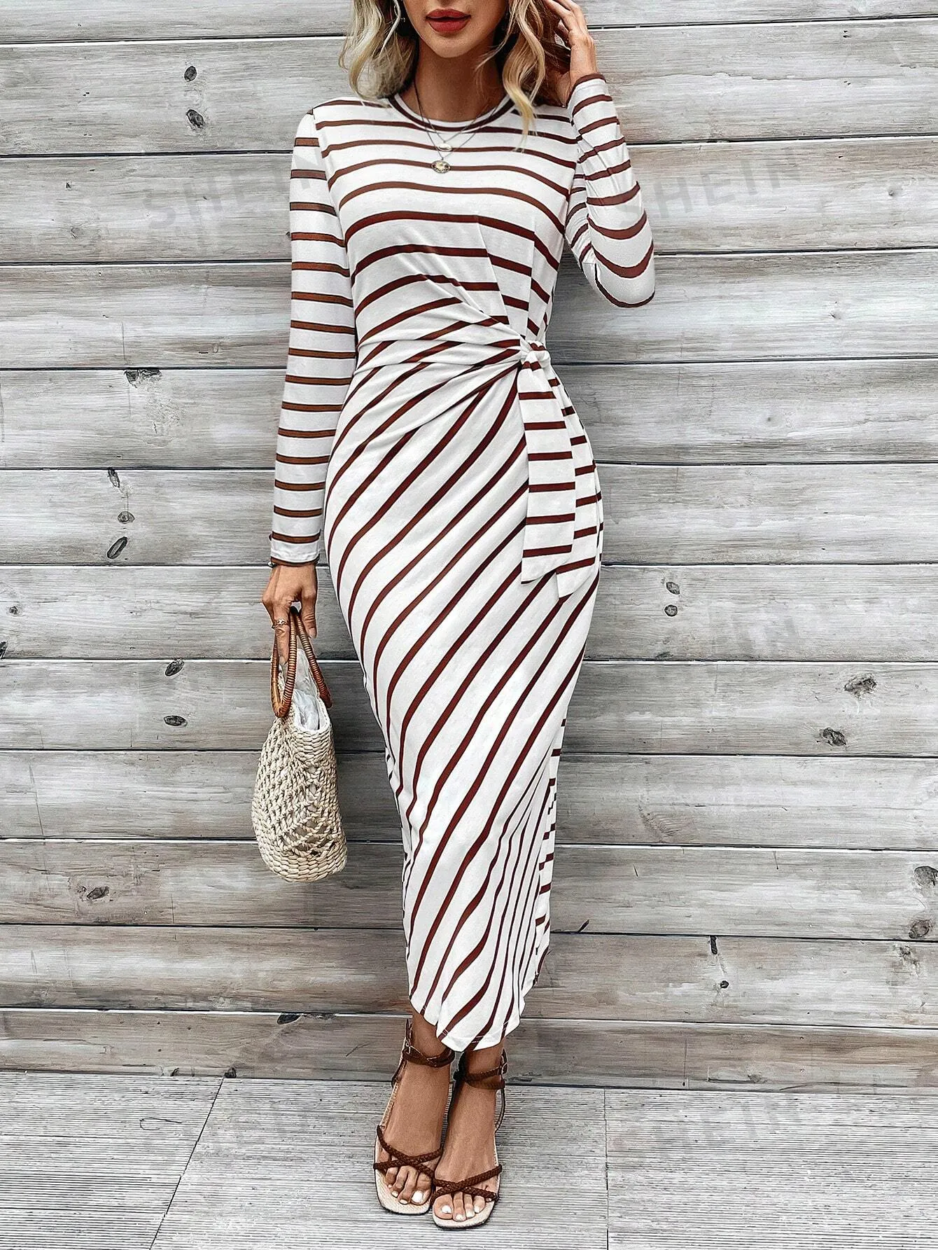 LUNE Women's Striped Round Neck Twisted Long Sleeve Bodycon Dress For Fall