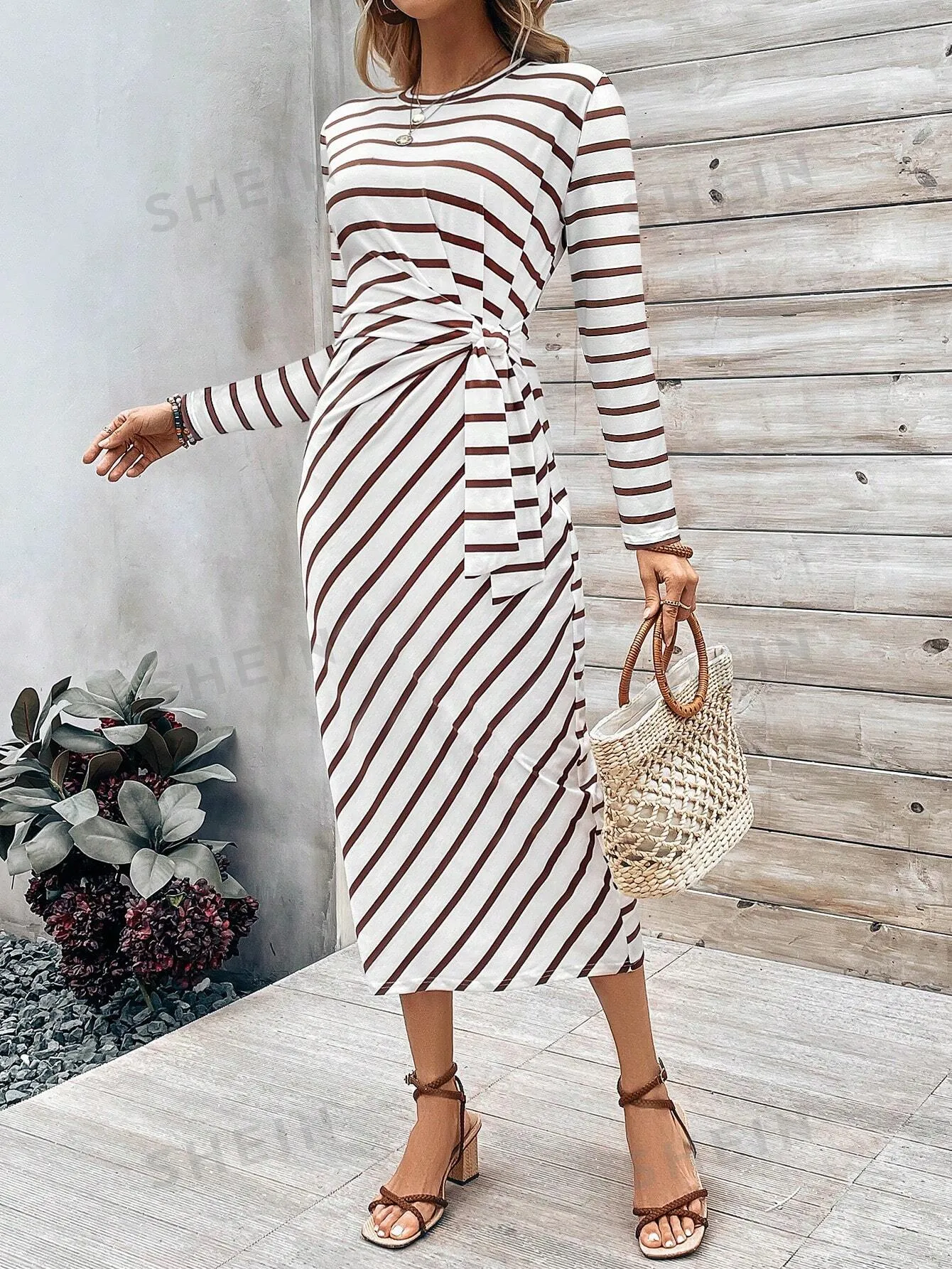 LUNE Women's Striped Round Neck Twisted Long Sleeve Bodycon Dress For Fall