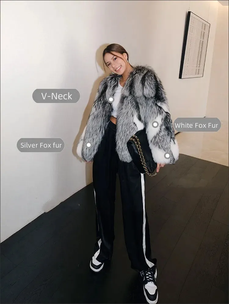 Luxury Thick Warm Natural Finland Silver White Fox Fur Coat