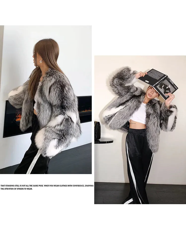 Luxury Thick Warm Natural Finland Silver White Fox Fur Coat