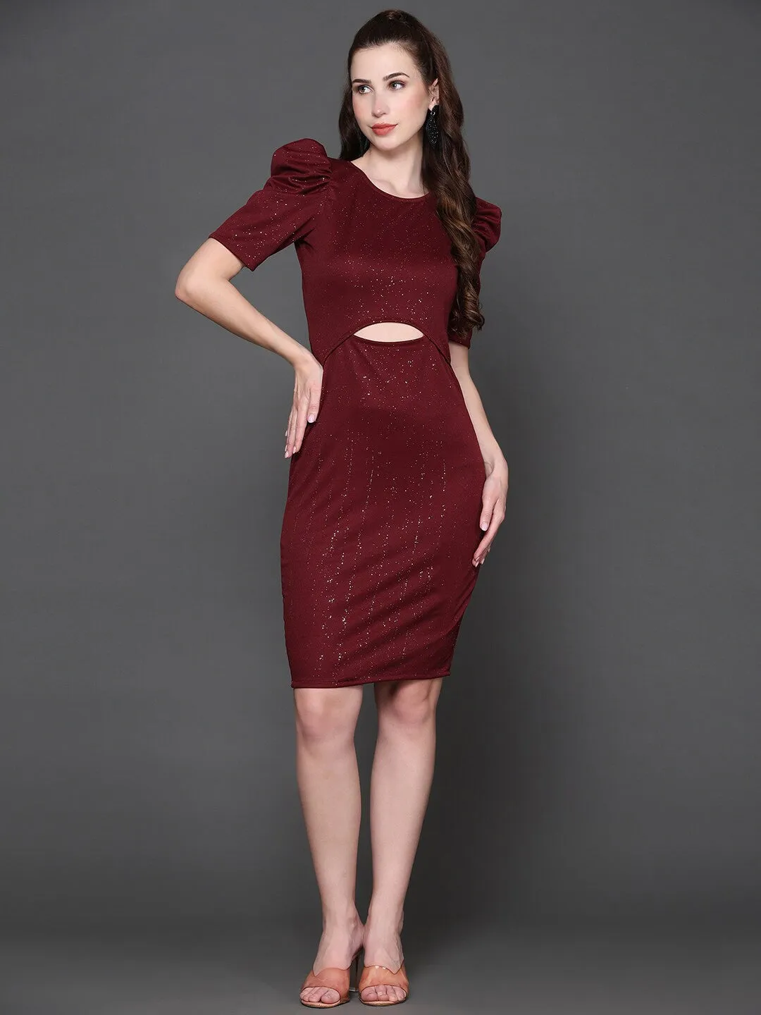 Maroon Self Design Bodycon Dress