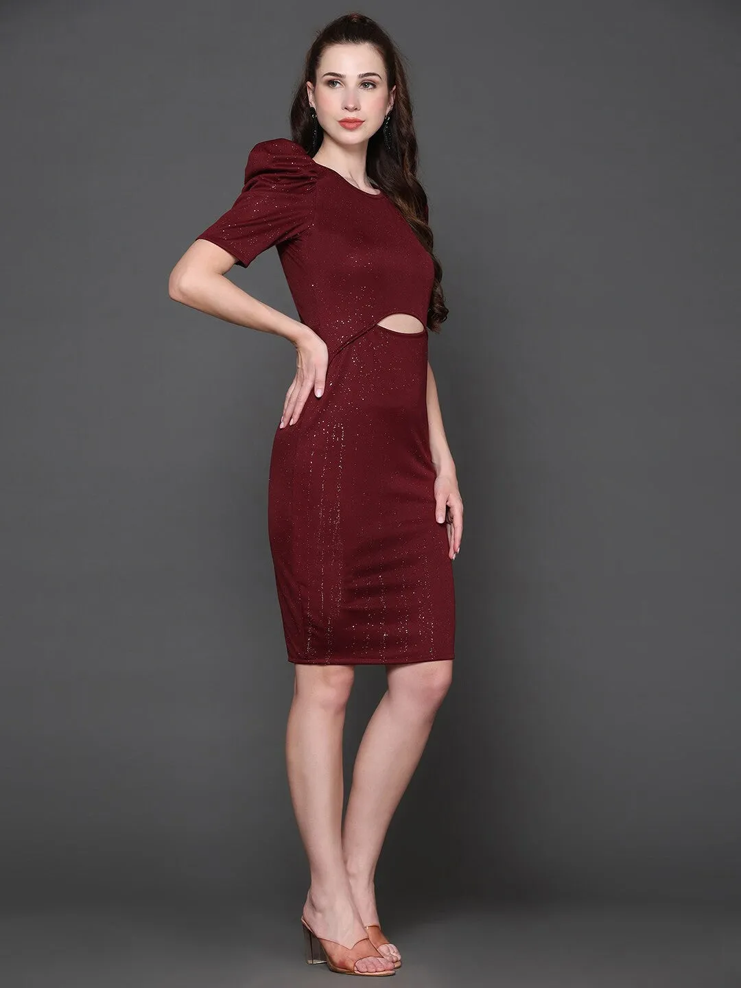 Maroon Self Design Bodycon Dress