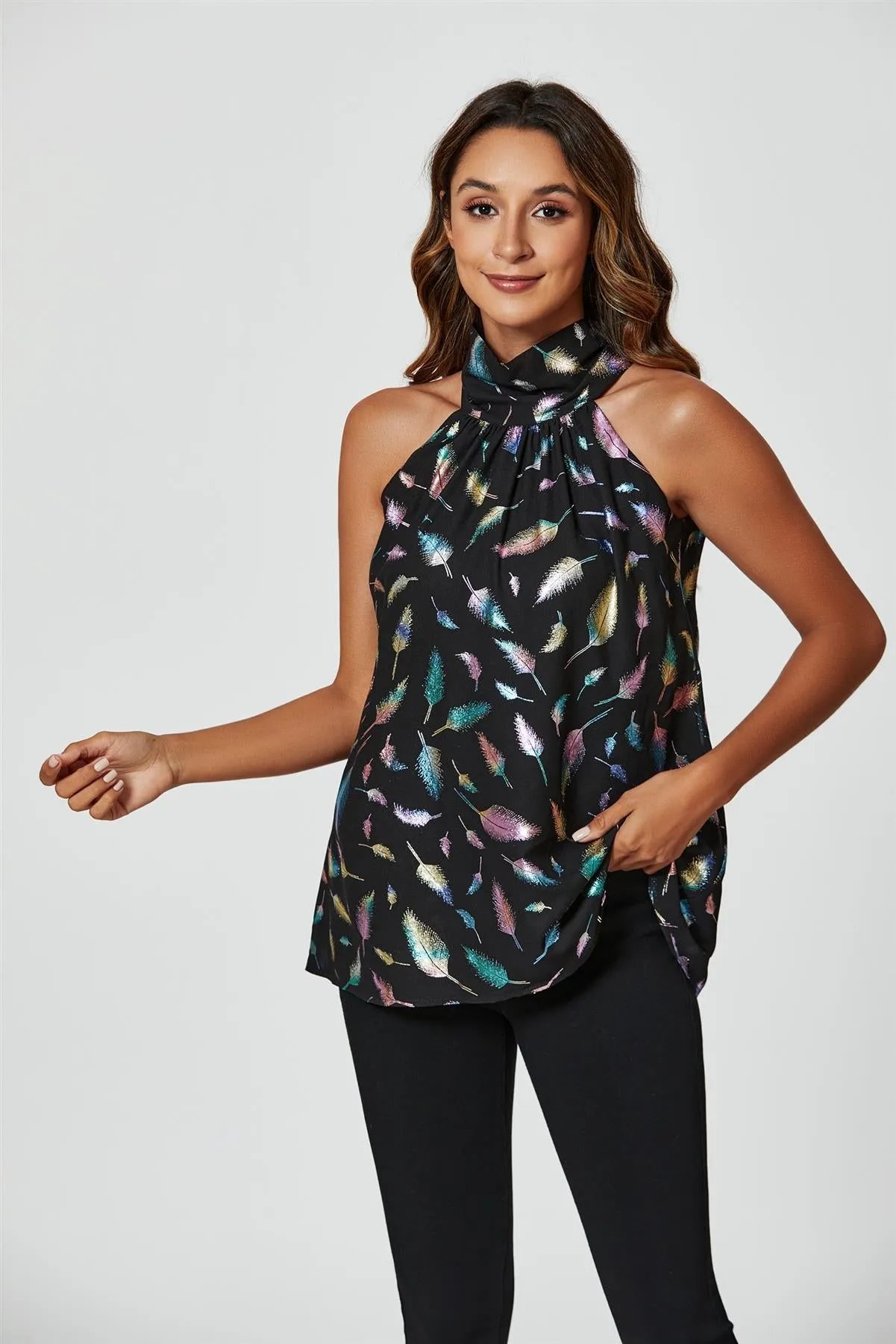 Rainbow Leaf Foil Star Halter Neck Tie Back Top In Black