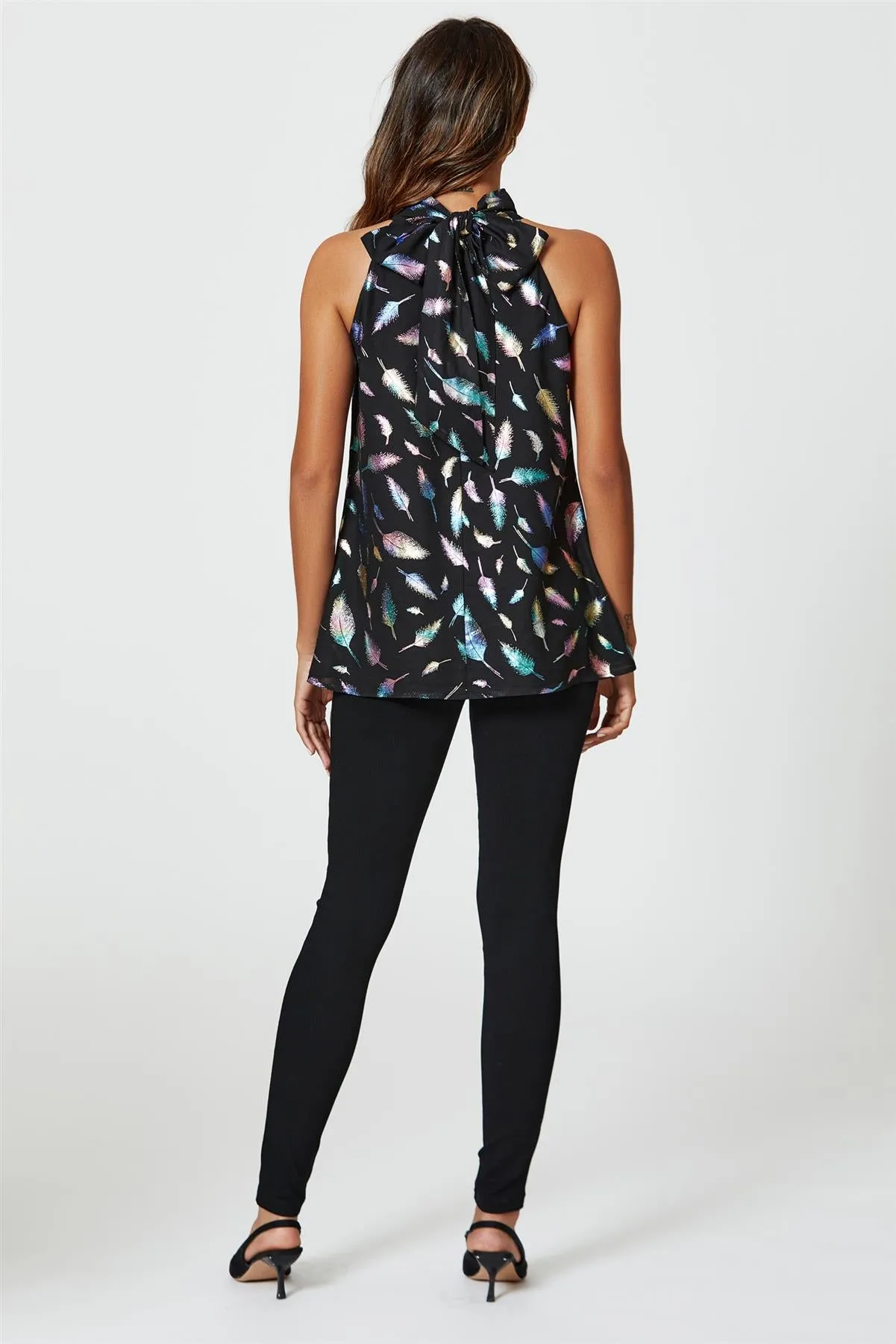 Rainbow Leaf Foil Star Halter Neck Tie Back Top In Black