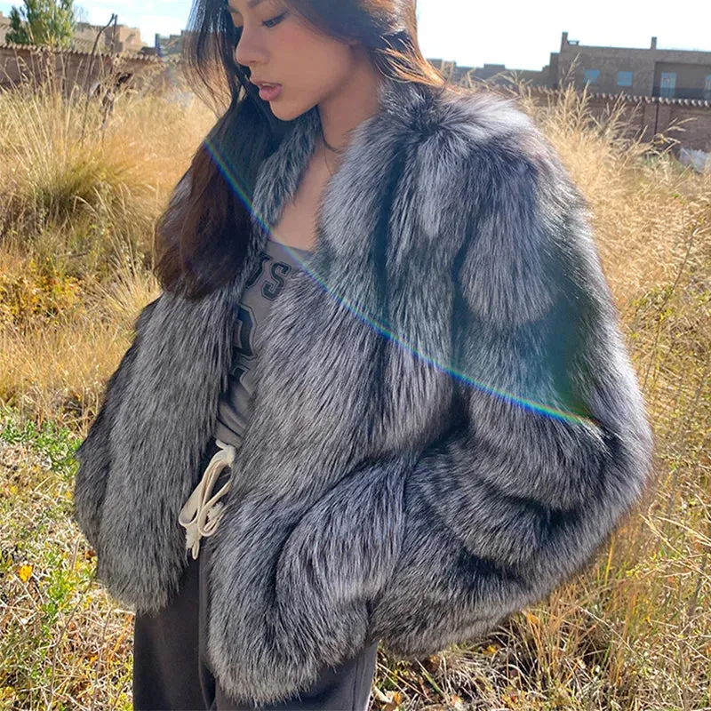 Real Genuine Natural Silver Fox Fur Coat  luxury Winter Coat