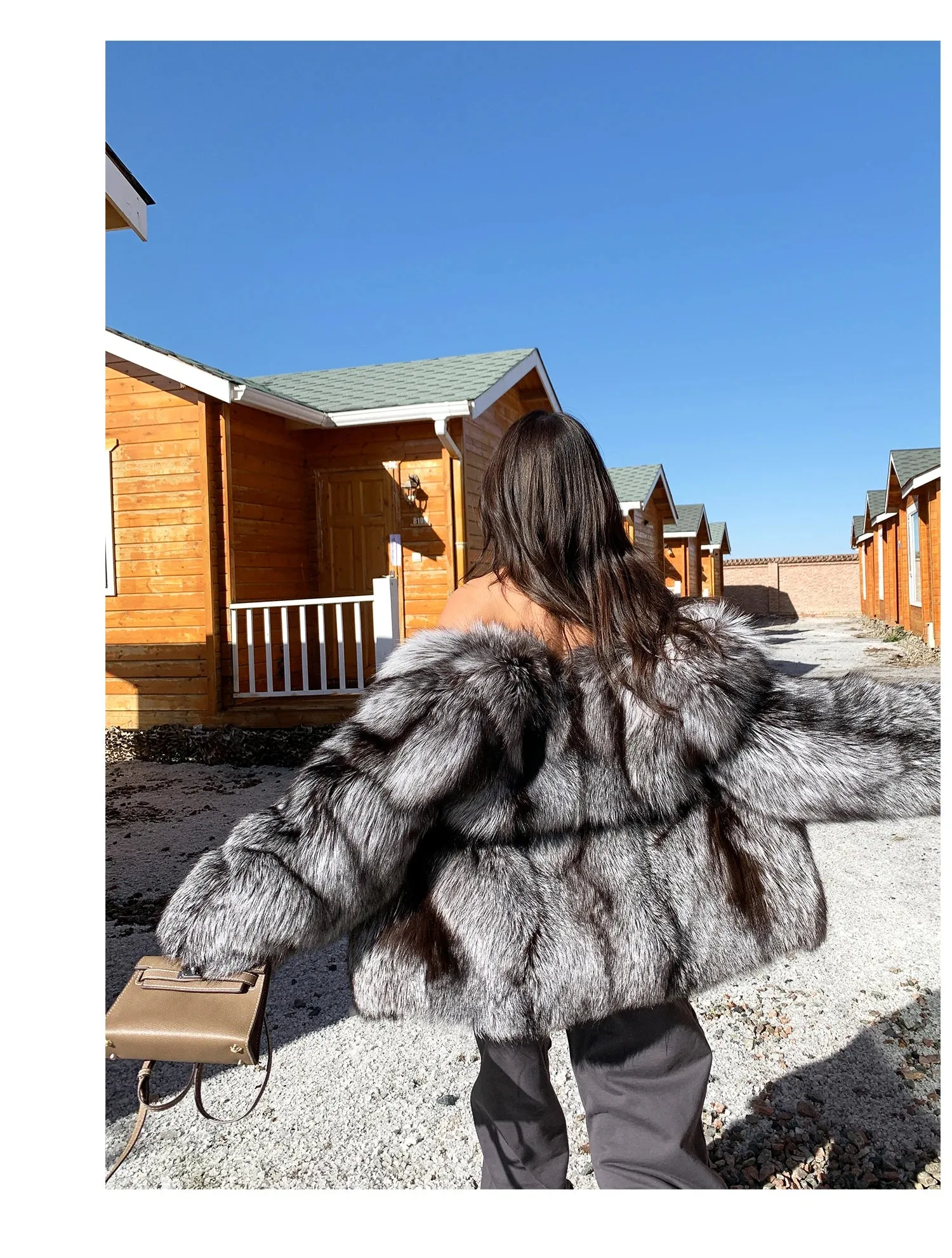 Real Genuine Natural Silver Fox Fur Coat  luxury Winter Coat