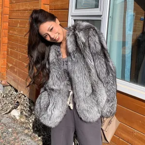 Real Genuine Natural Silver Fox Fur Coat  luxury Winter Coat