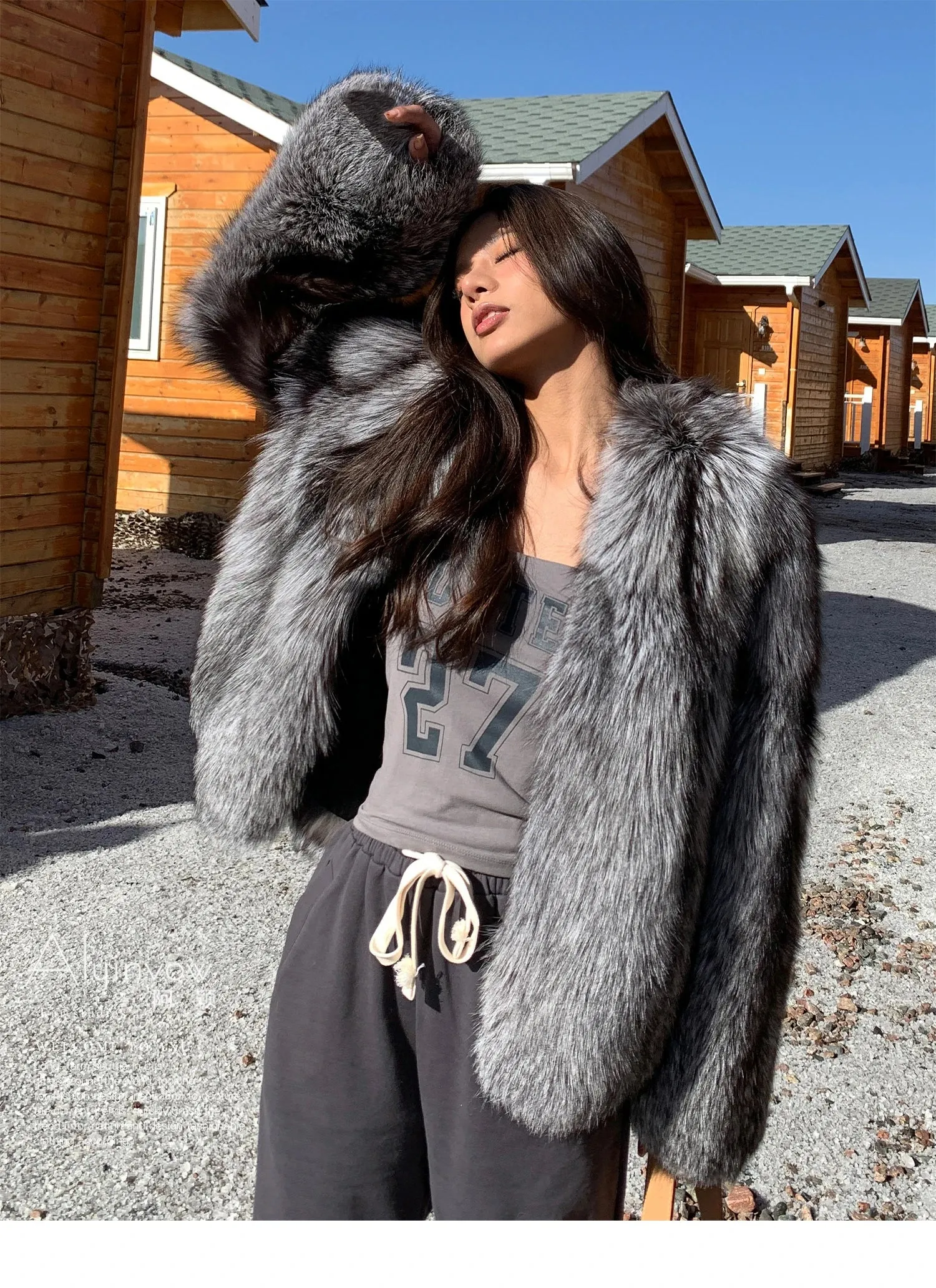 Real Genuine Natural Silver Fox Fur Coat  luxury Winter Coat