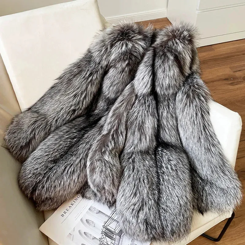 Real Genuine Natural Silver Fox Fur Coat  luxury Winter Coat