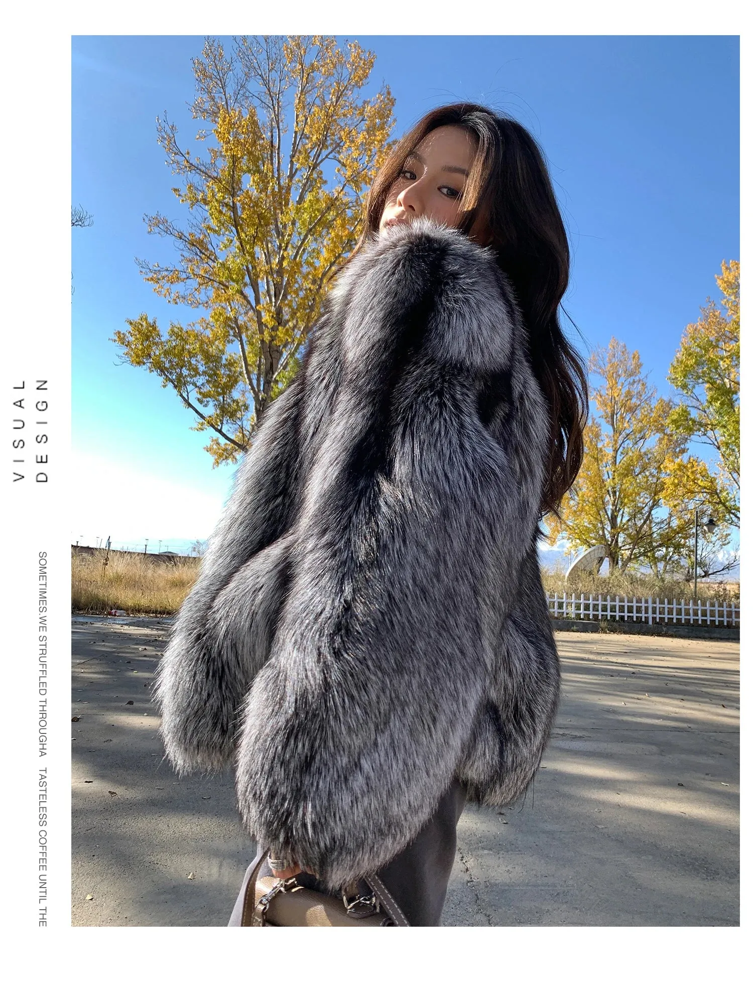 Real Genuine Natural Silver Fox Fur Coat  luxury Winter Coat