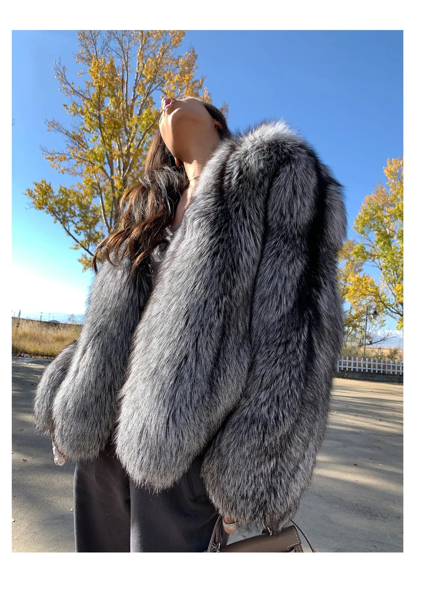 Real Genuine Natural Silver Fox Fur Coat  luxury Winter Coat