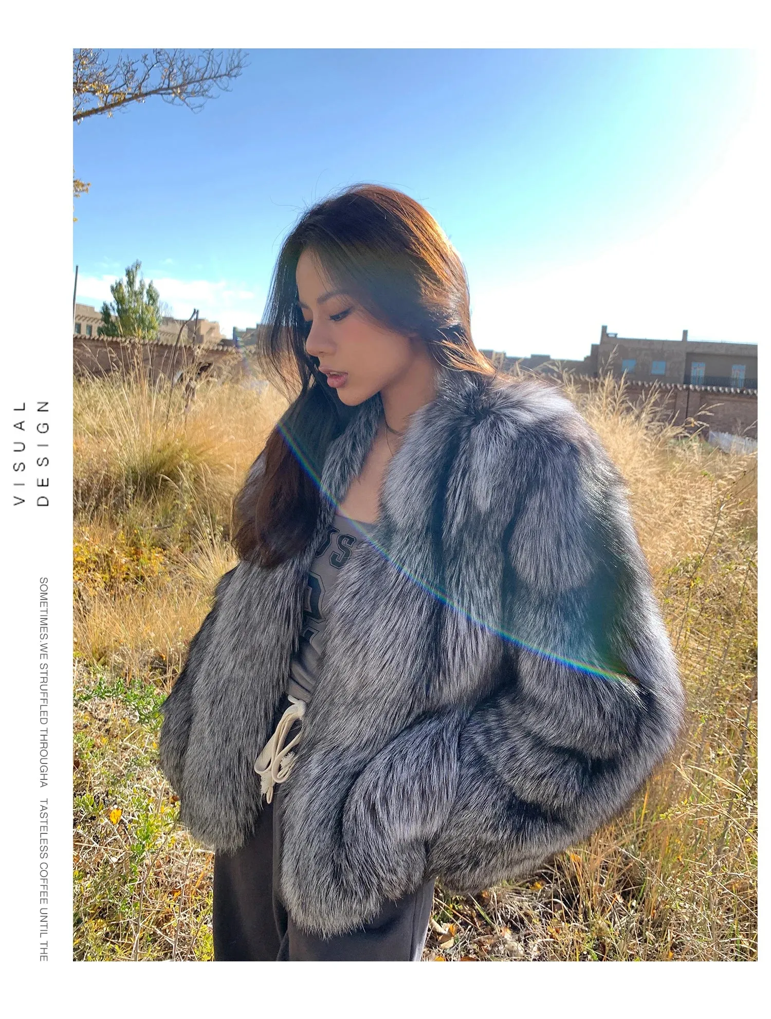 Real Genuine Natural Silver Fox Fur Coat  luxury Winter Coat