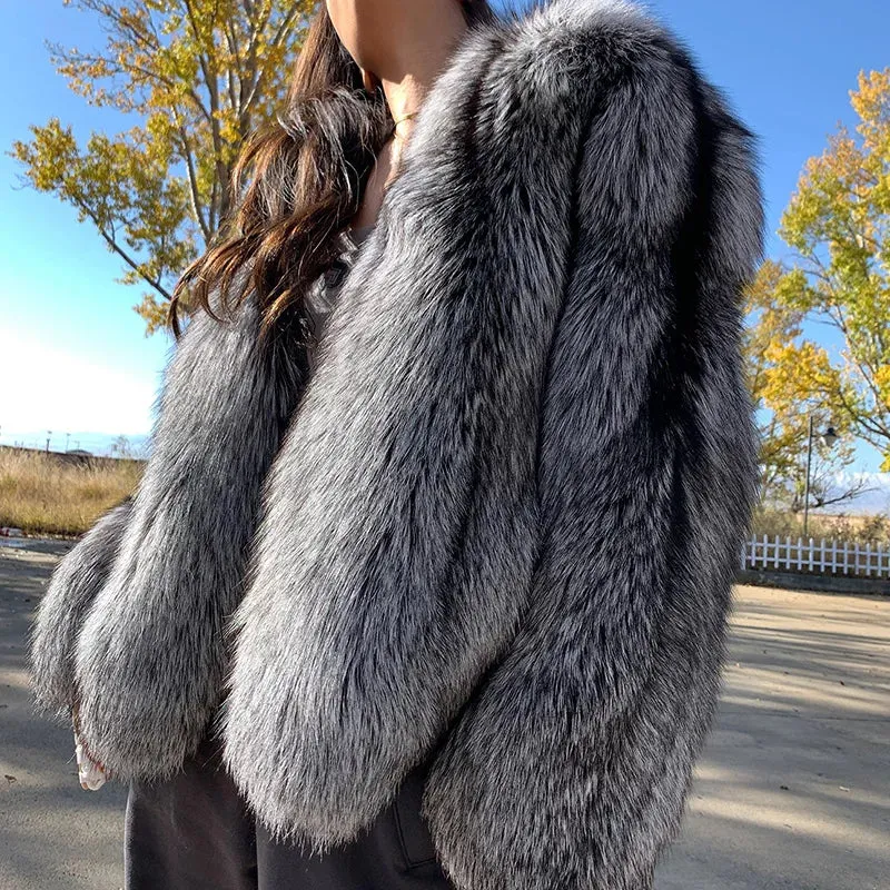 Real Genuine Natural Silver Fox Fur Coat  luxury Winter Coat