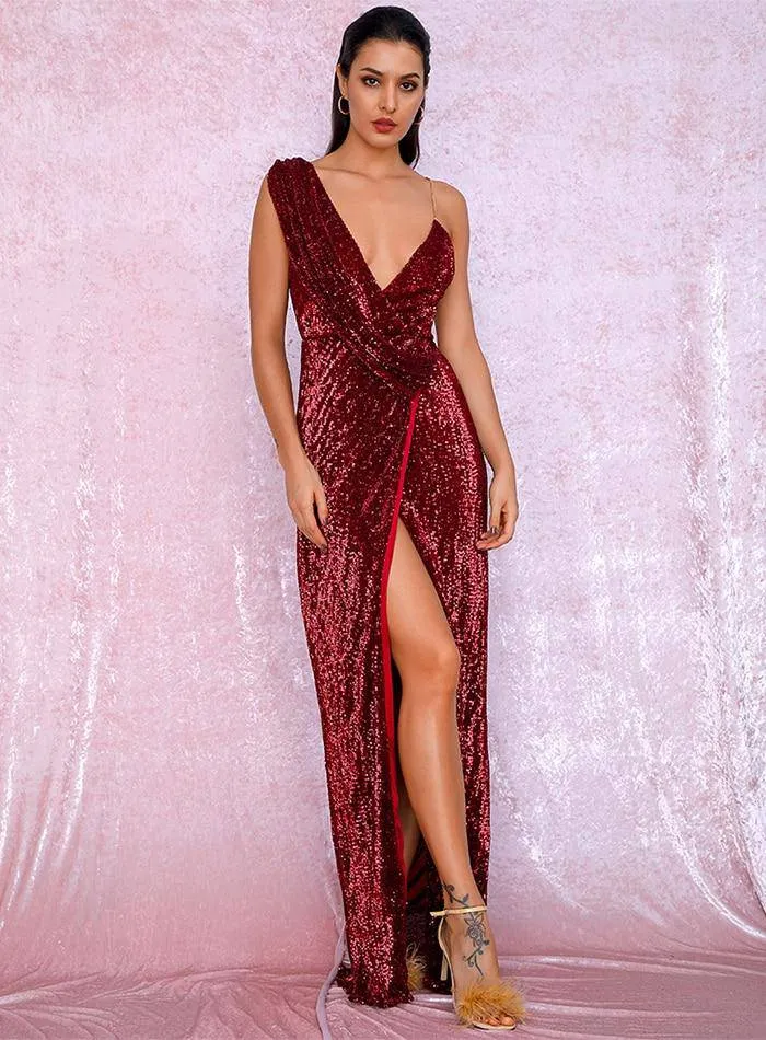 Sequin Backless Cross Wrap Wine Red Maxi Dress