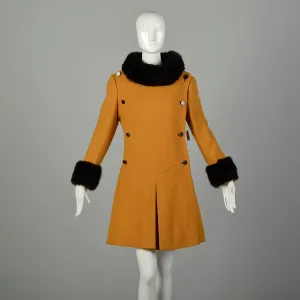 Small 1960s Coat Mustard Mod Military Double Breasted Real Fur Winter