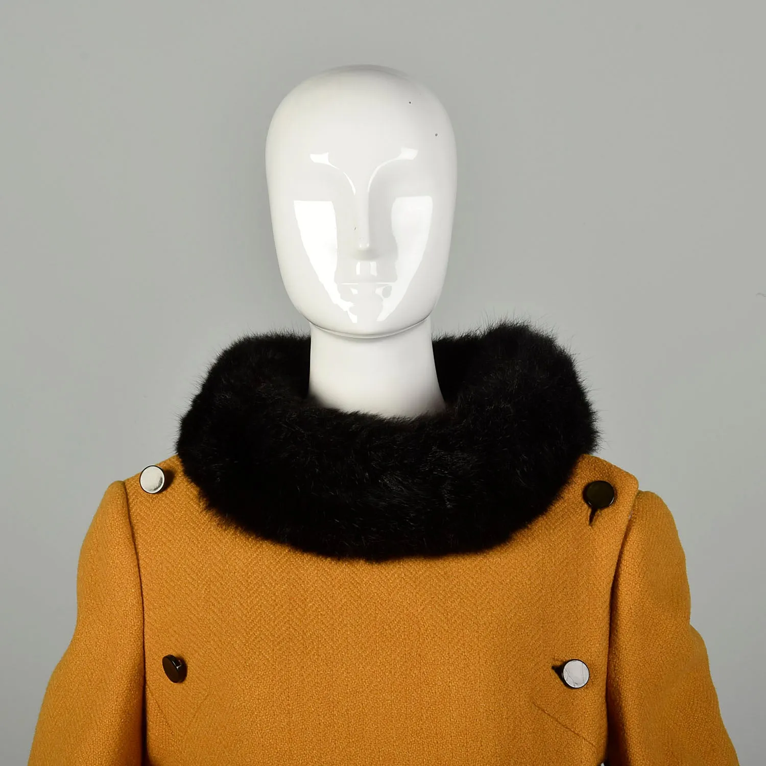 Small 1960s Coat Mustard Mod Military Double Breasted Real Fur Winter