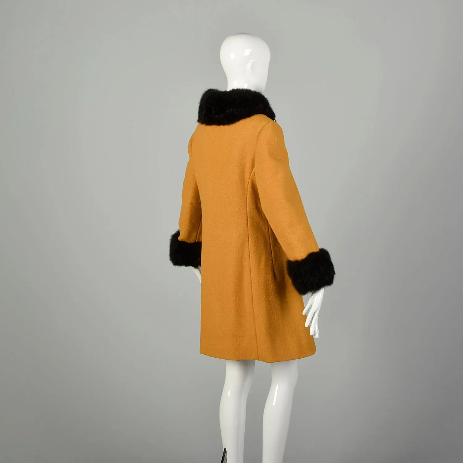 Small 1960s Coat Mustard Mod Military Double Breasted Real Fur Winter