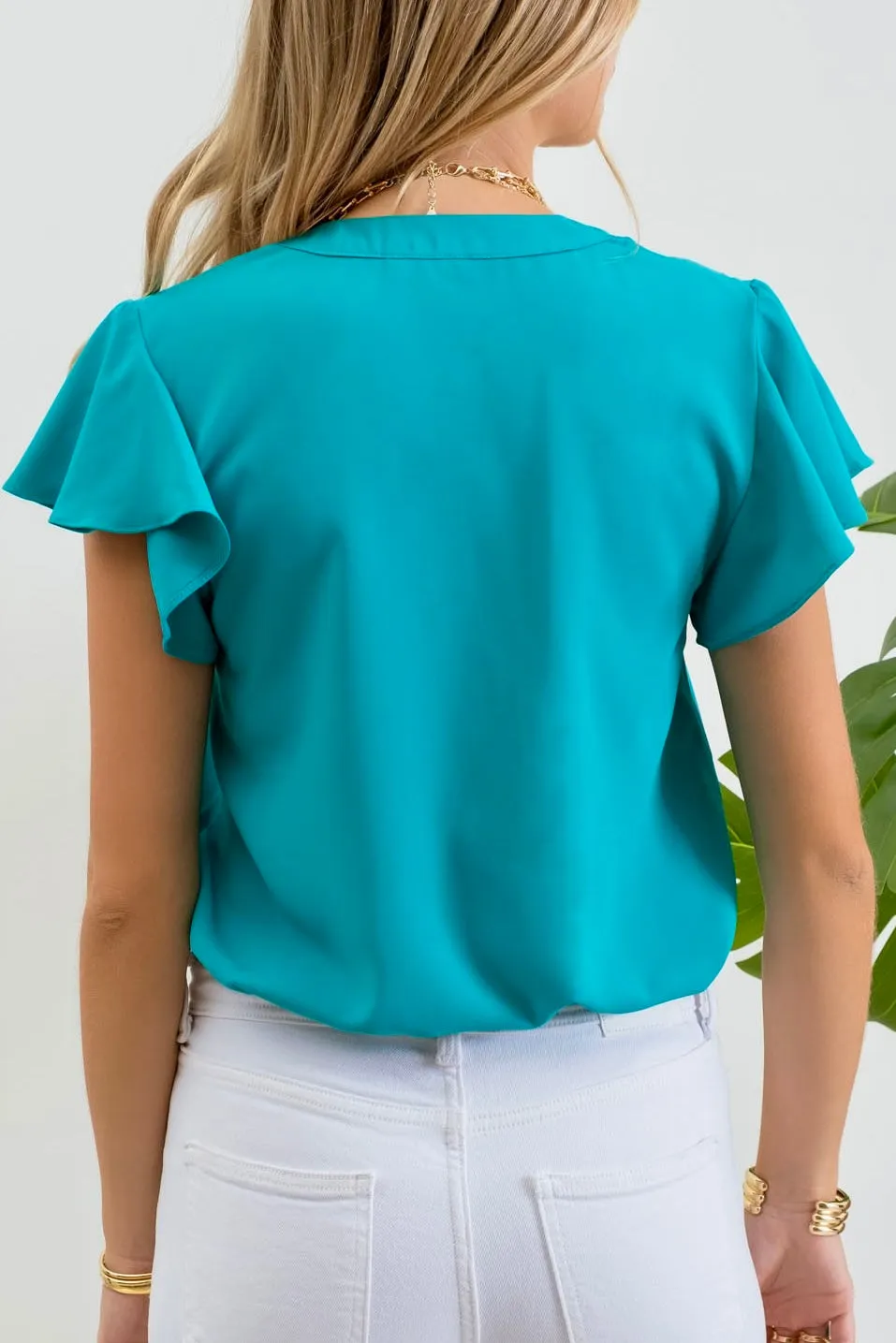 Solid Flutter Sleeve Woven Top- Light Teal