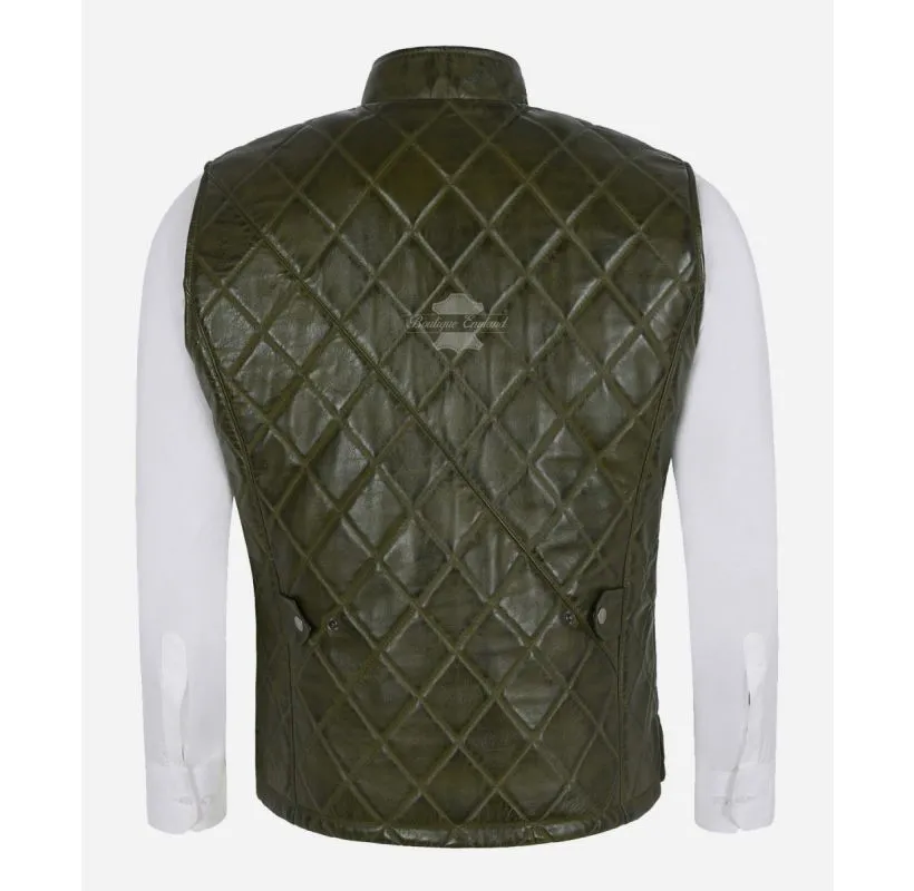 The Olive Green Quilted Gilet Men's Sleeveless Leather Jacket