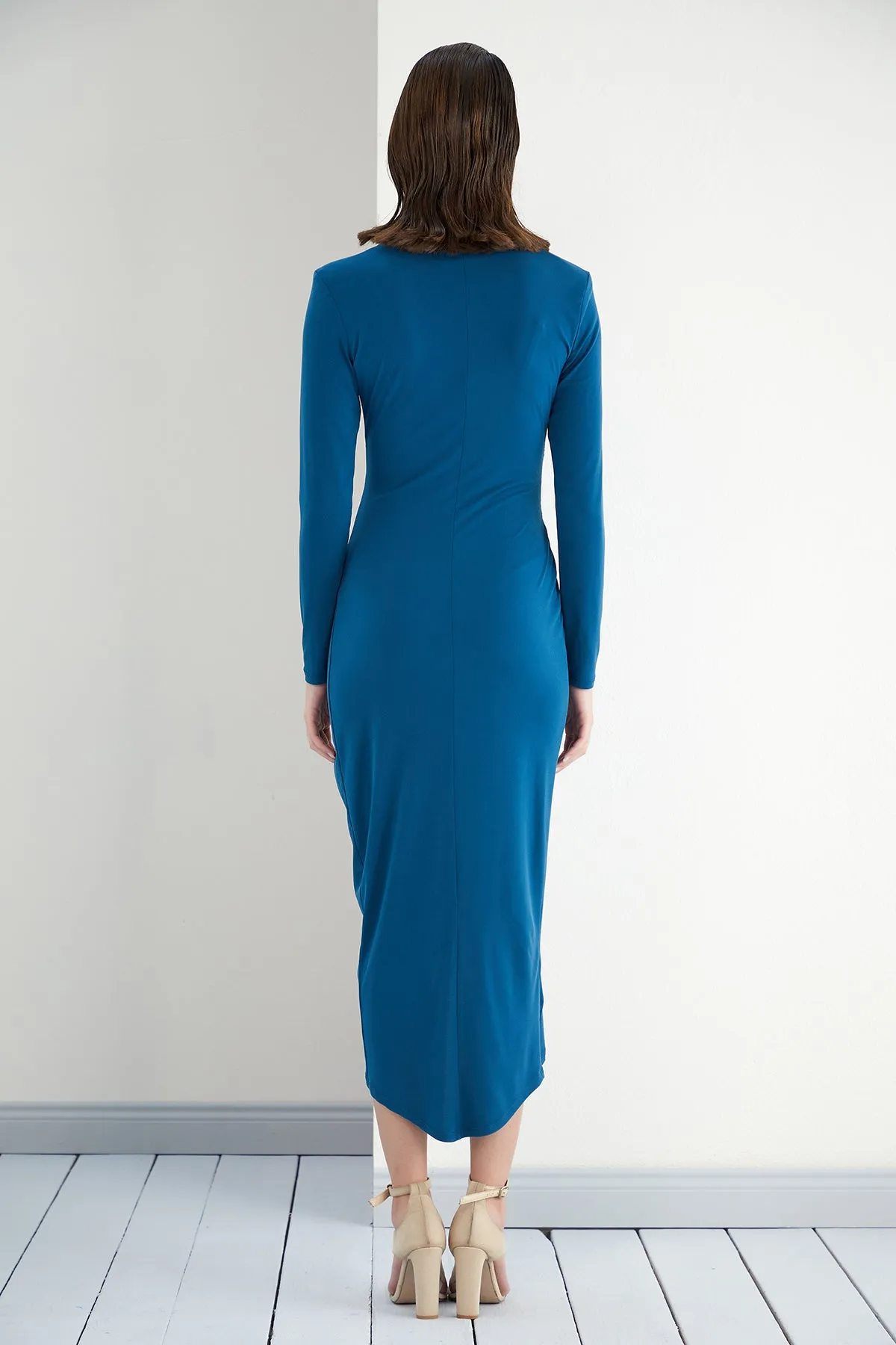 Timeless Wrap Midi Dress with Front Slit in Elegant Teal