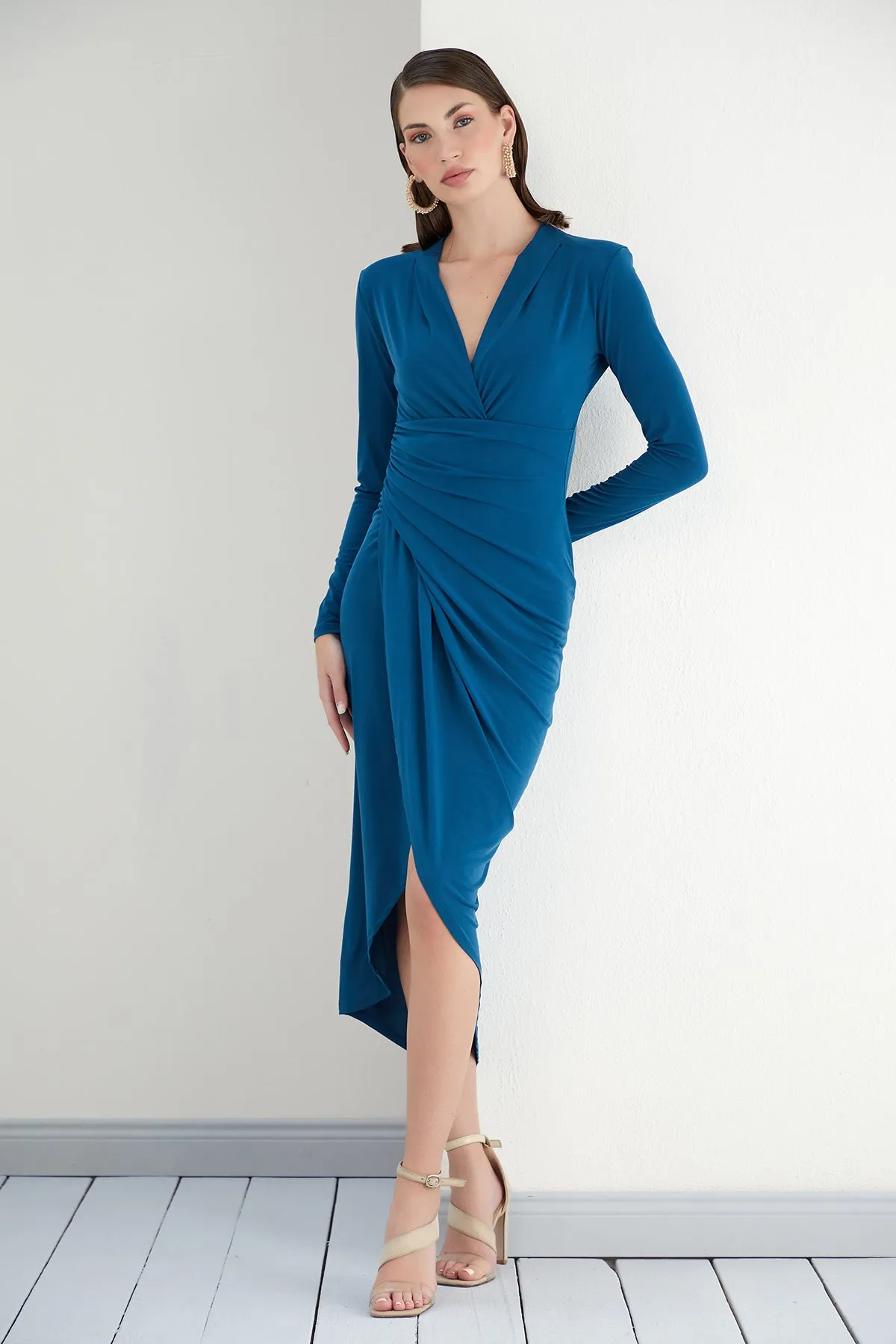 Timeless Wrap Midi Dress with Front Slit in Elegant Teal