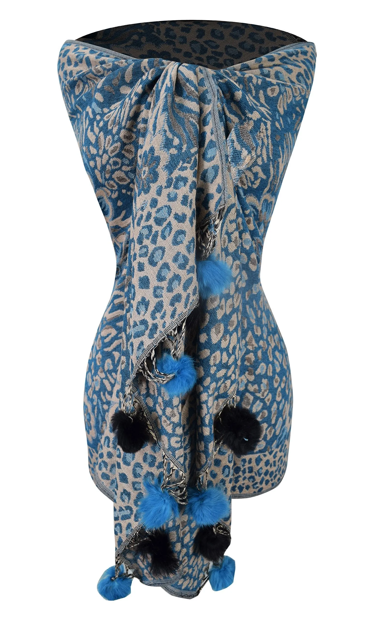 Turquoise Women's Retro Style Warm Floral Animal Print Pashmina Scarf with Faux Fur Poms