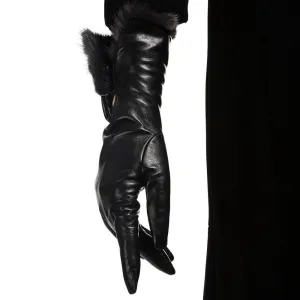 Veronique Mink Long - Women's Silk Lined Leather Gloves with Mink Cuff